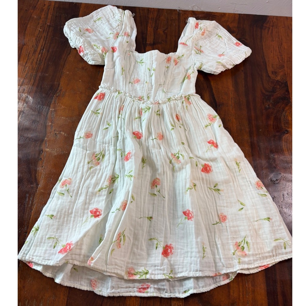 Altar'd State White‎ Pink Floral Cotton Gauze Puff Sleeve Mini Dress XS CDE3728